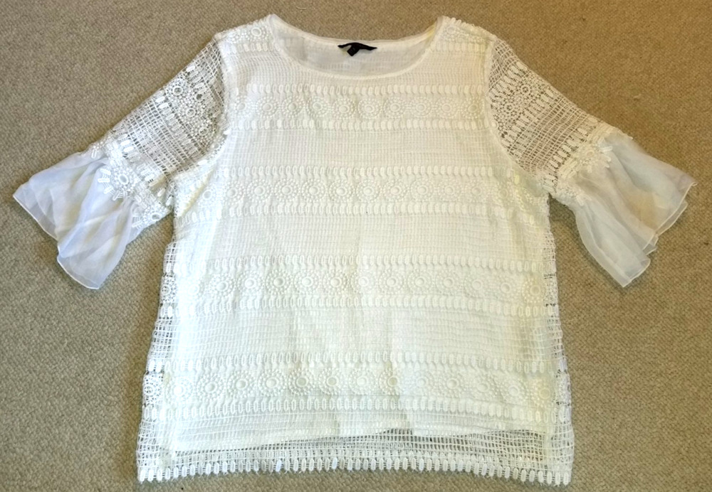 Womens Top-BANANA REPUBLIC-white stretch crochet overlay sheer slvs Romantic-XL